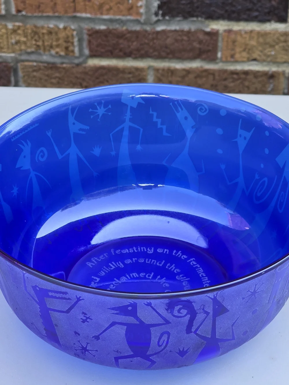 Leandra Drumm Etched Blue Glass Bowl with Whimsical Figures 9